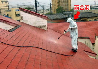屋根に高圧洗浄を行う作業員
